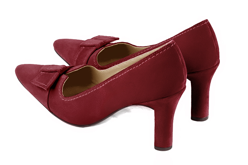 Burgundy red women's dress pumps, with a knot on the front. Tapered toe. High kitten heels. Rear view - Florence KOOIJMAN